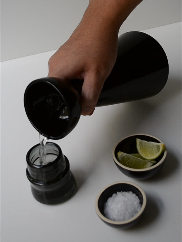 Bright Black Half Moon Carafe with 2 Cups