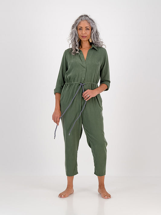 Tencel Belted Olive Green Jumpsuit