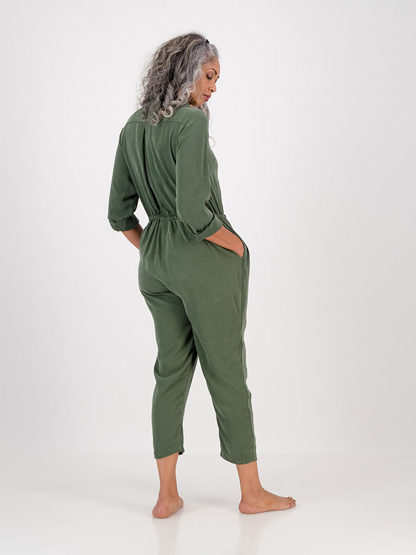 Tencel Belted Olive Green Jumpsuit