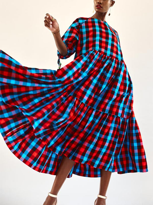 Checked Turquoise & Red Tiered Dress