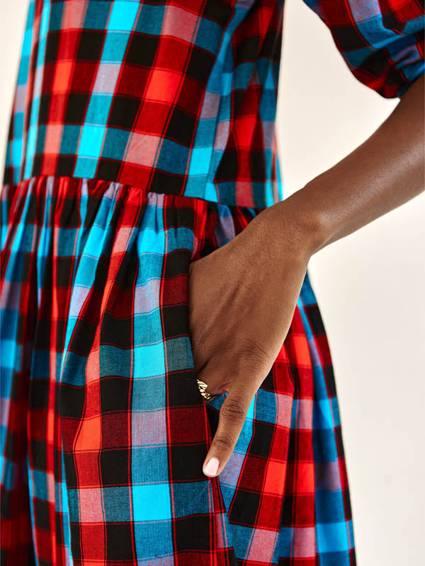 Checked Turquoise & Red Tiered Dress