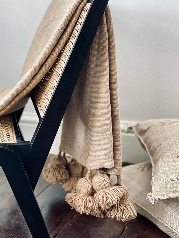 Pom Pom Cotton Blanket - Camel