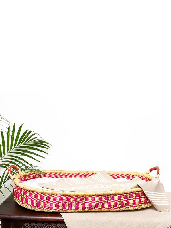Pink & Natural Rattan Baby Changing Basket
