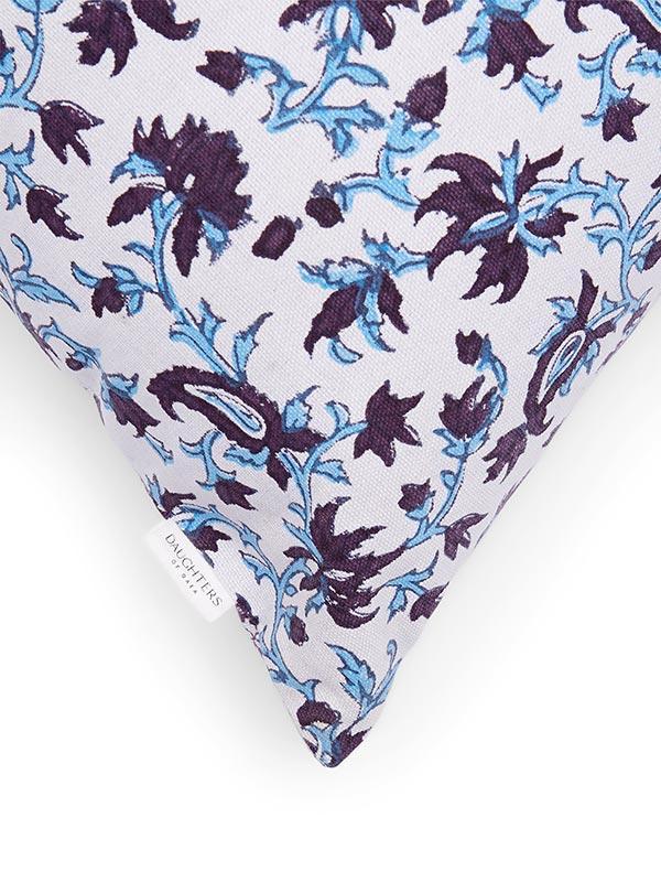 organic cotton white cushion with blue floral print