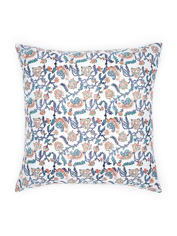 reversible white cushion with blue floral print
