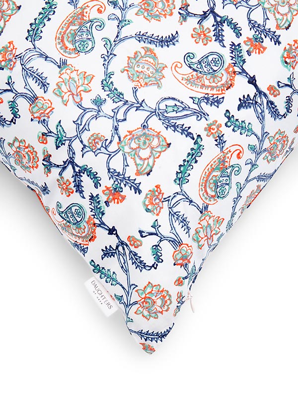 white and blue silk hand block printed cushion