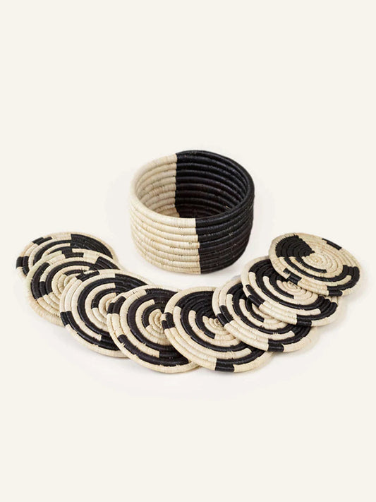 Black & Natural Coasters with Mini Basket, Set of 8