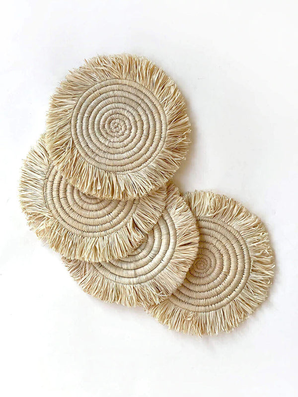 Natural Raffia Fringed Coasters, Set of 4