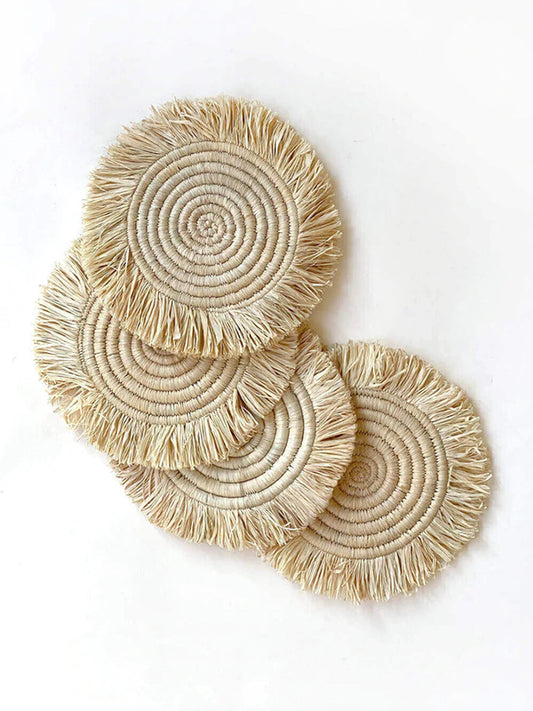 Natural Raffia Fringed Coasters, Set of 4