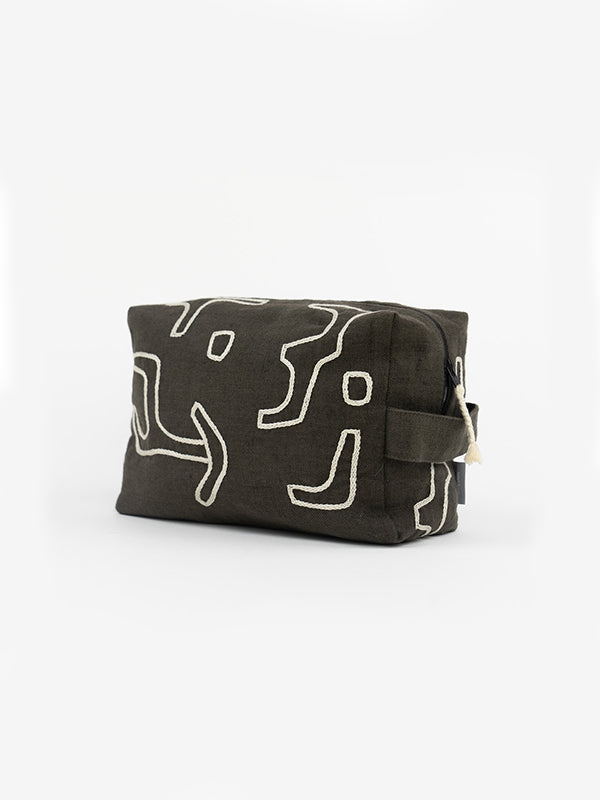 Kuba Coffee Black Linen Wash Bag