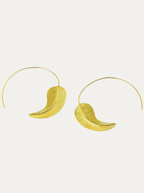 Gold Feather Pull Through Hoop Earrings