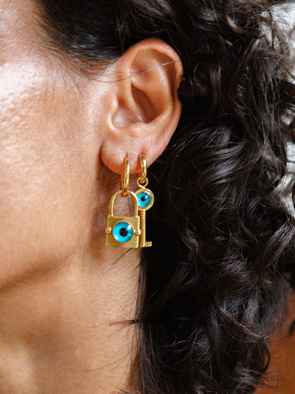 Andrea Evil Eye Key Huggie Earrings