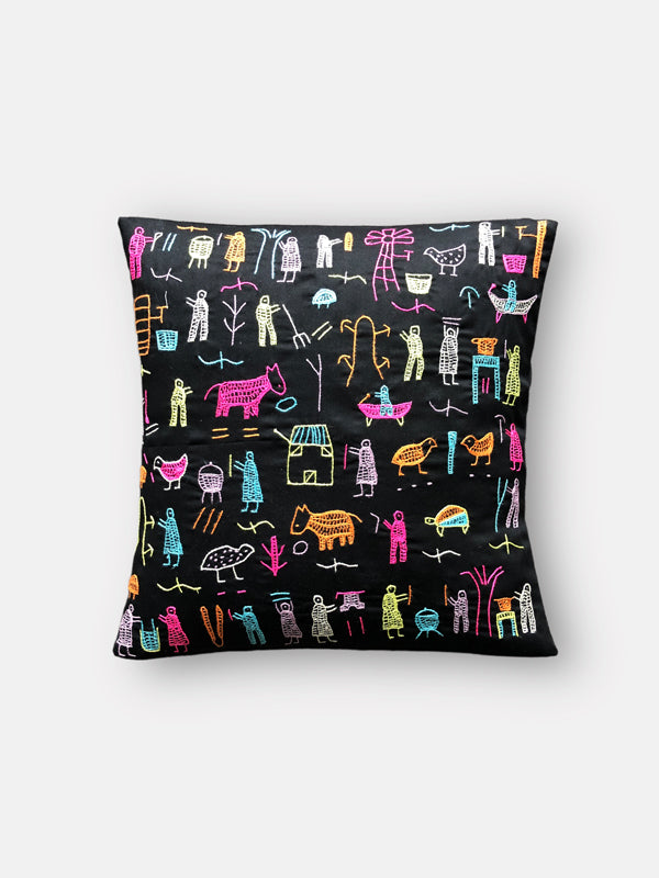 Village Story All Over Embroidered Black Cushion