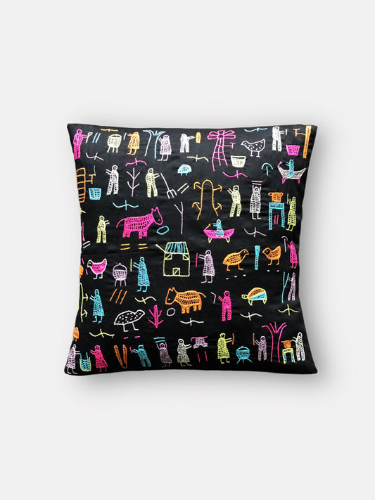 Village Story All Over Embroidered Black Cushion