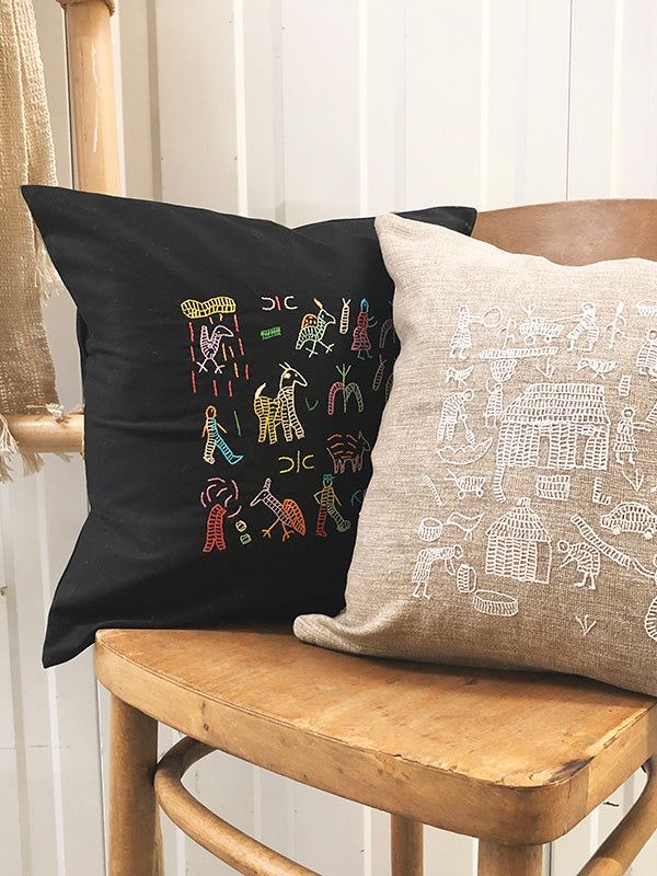 Village Story Embroidered Cushion - Black