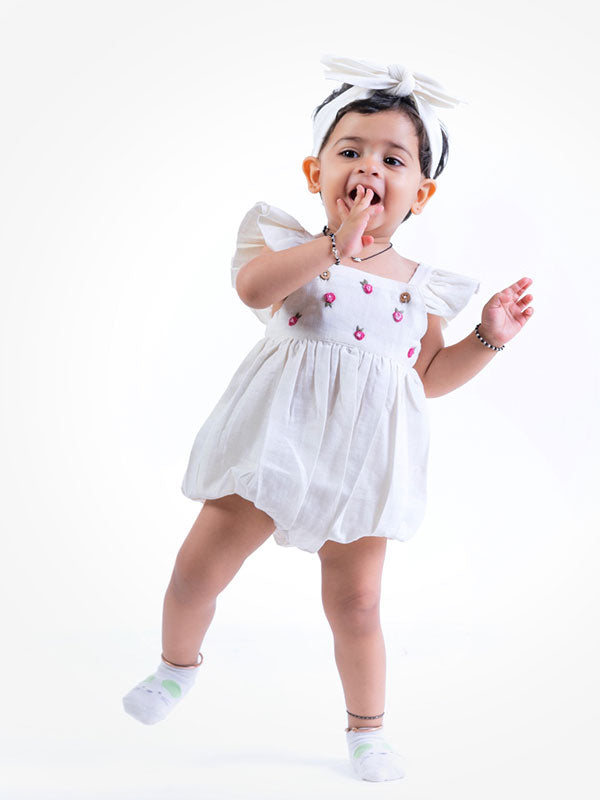 Organic Cotton Baby Romper for Girls - Off White