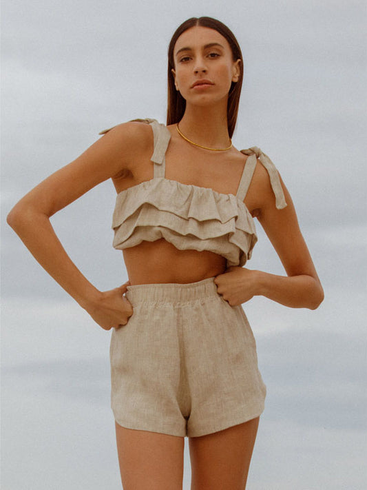 Beth Oatmeal Linen Shorts