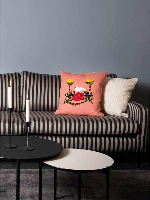hand embroidered pink linen square cushion