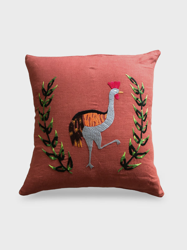 hand embroidered red linen cushion