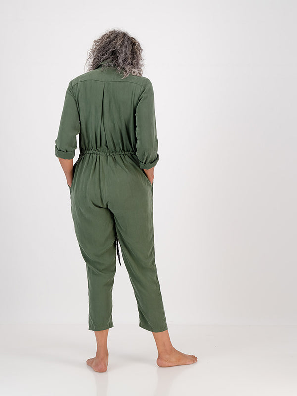 Tencel Belted Olive Green Jumpsuit