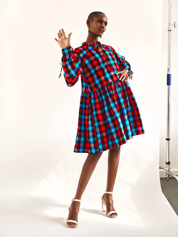 Checked Turquoise & Red Babydoll Dress