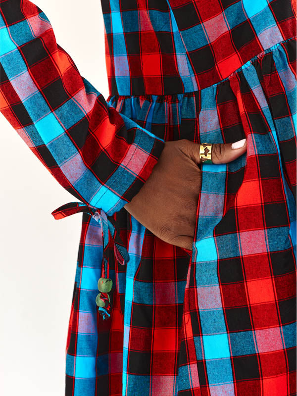 Checked Turquoise & Red Babydoll Dress