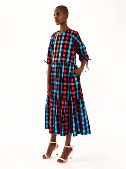 Checked Turquoise & Red Tiered Dress