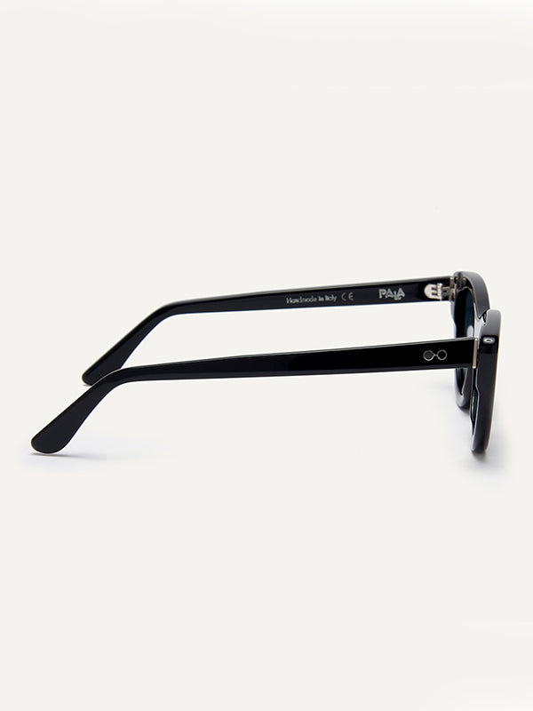 side view - blue lens and black cat eye frame sunglasses