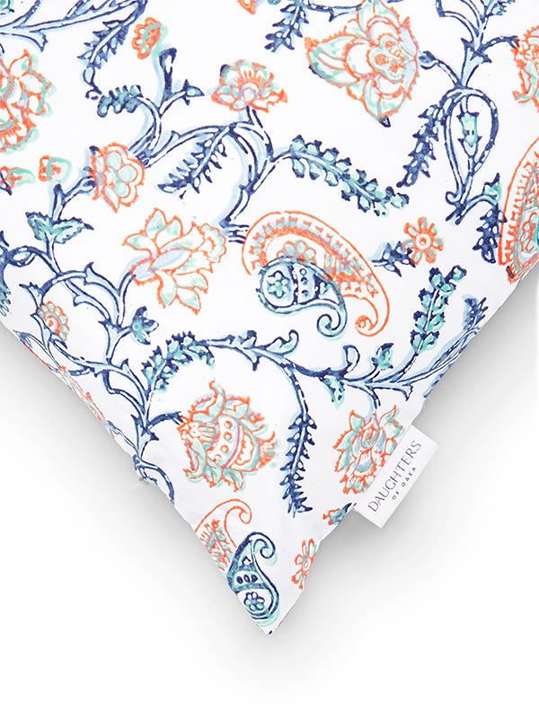 white silk bolster with blue and orange print