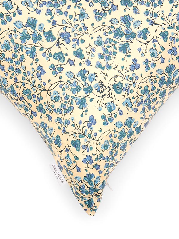 blue printed silk floral cushion