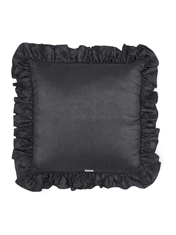black silk cushion with ruffle trim