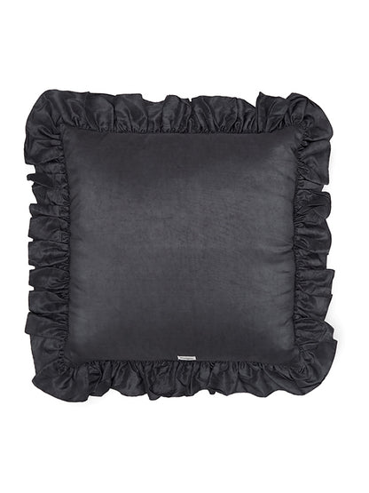 black silk cushion with ruffle trim