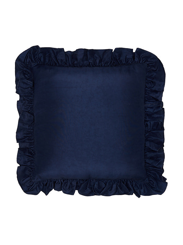 blue silk cushion with ruffle trim