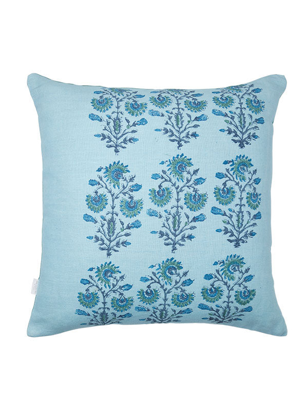 blue organic printed linen cushion