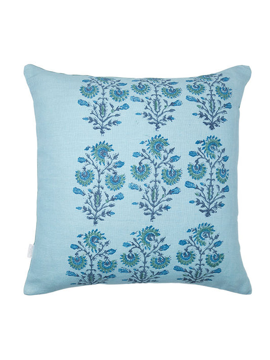 blue organic printed linen cushion