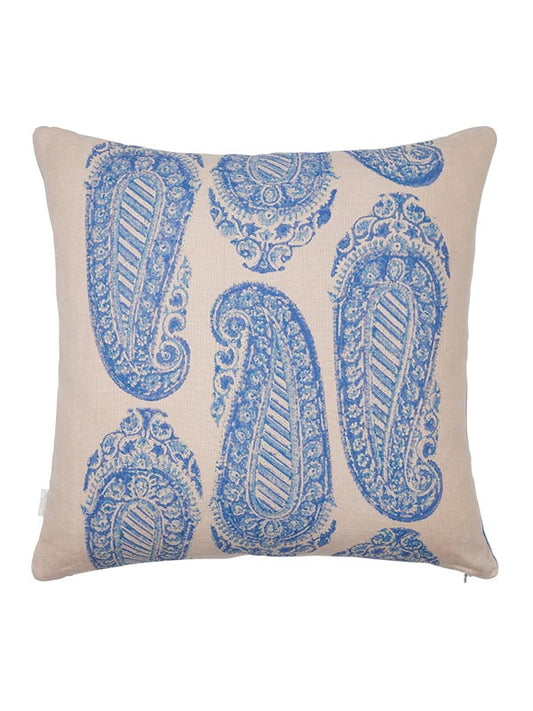 peach linen cushion with blue handblock print