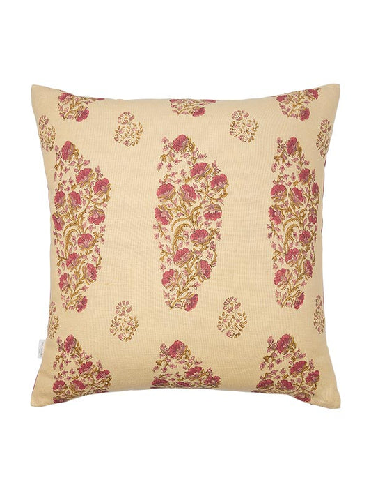 yellow linen cushion with pink floral print