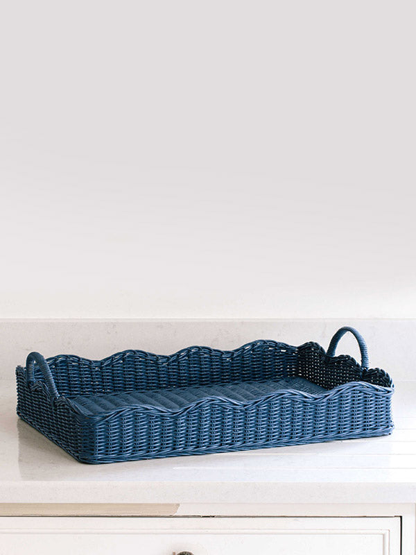 blue scalloped rattan tray
