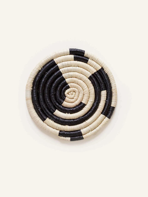 Black & Natural Coasters with Mini Basket, Set of 8