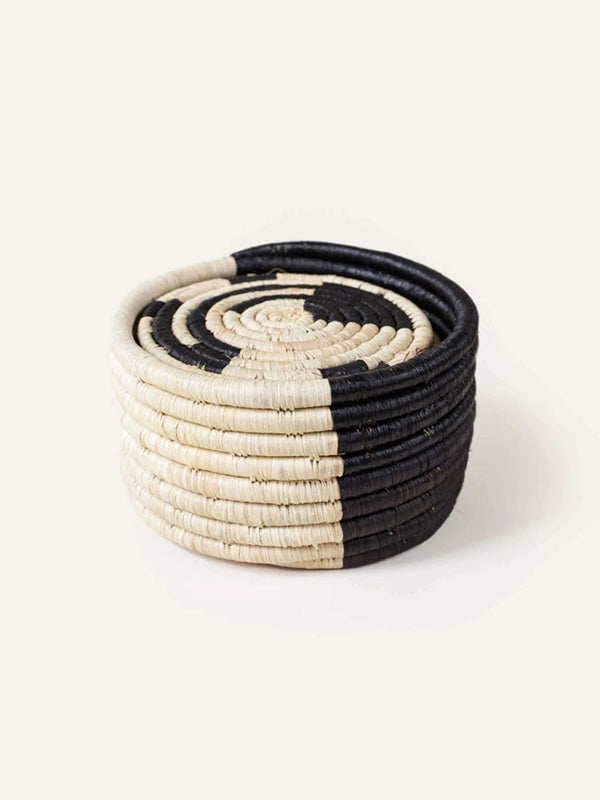 Black & Natural Coasters with Mini Basket, Set of 8