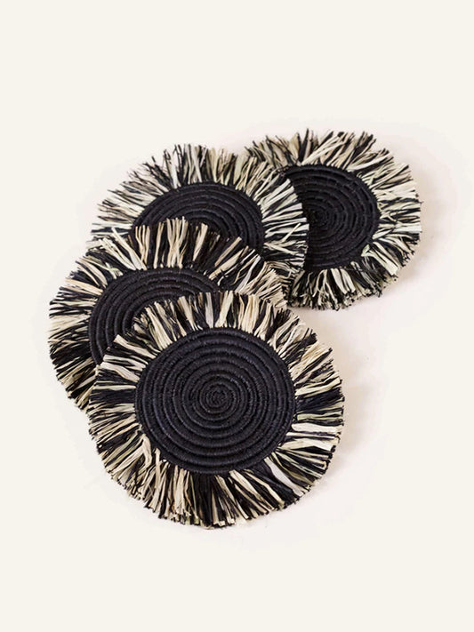 Black Raffia Fringed Coasters, Set of 4