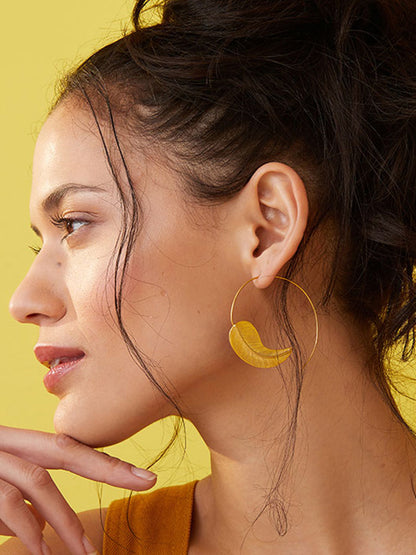 Gold Feather Pull Through Hoop Earrings