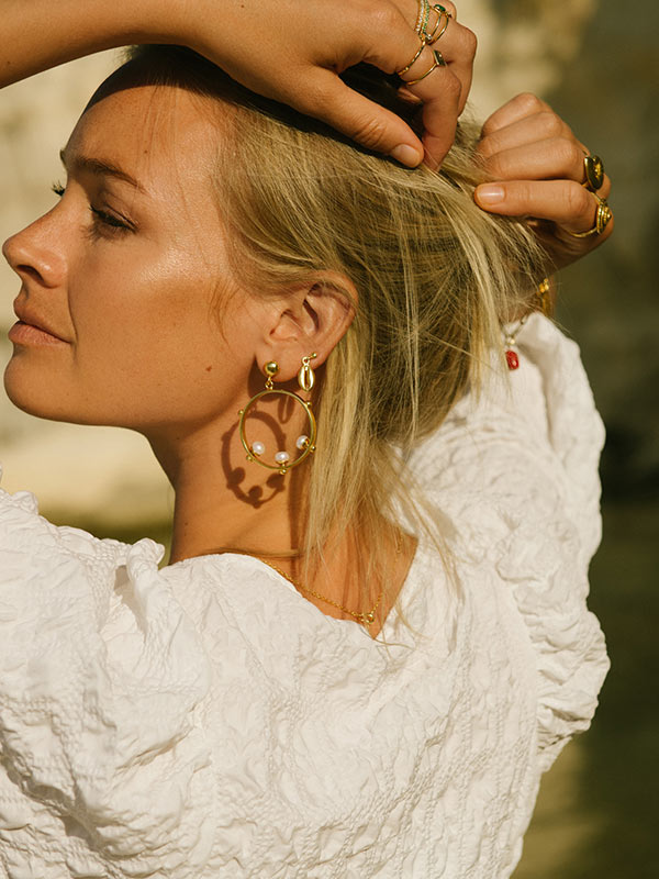 Aristea Pearl and Gold Bead Hoop Earrings