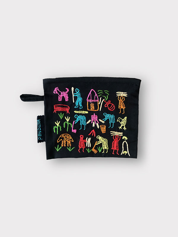 Village Story Cotton Pouch - Black