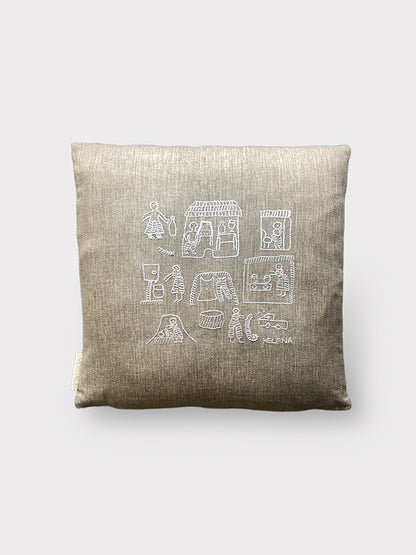 Village Story Embroidered Cushion - Natural