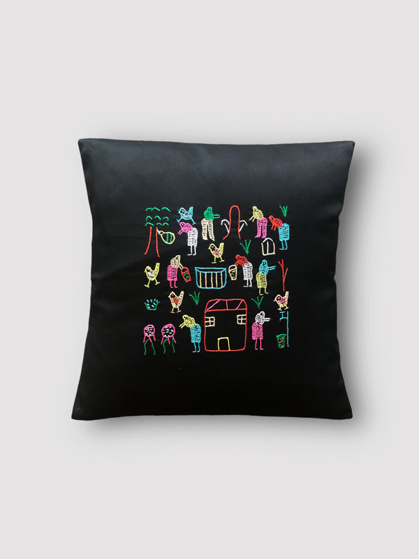 Village Story Embroidered Cushion - Black