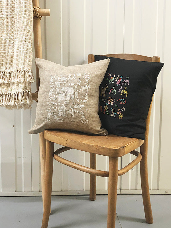 Village Story Embroidered Cushion - Black