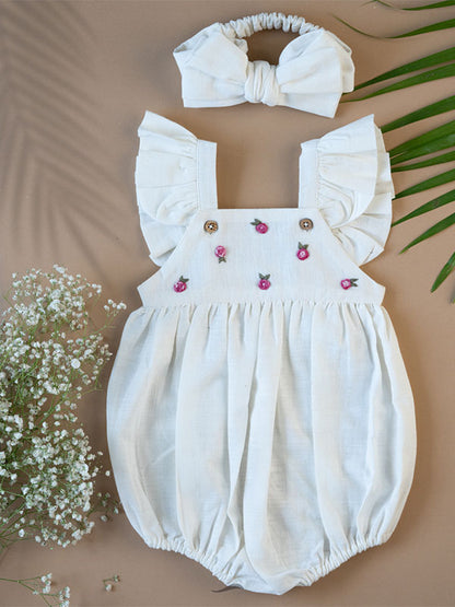 Organic Cotton Baby Romper for Girls - Off White