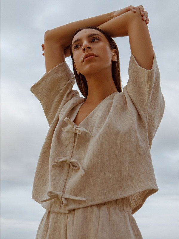 Native Oatmeal Tie-Front Linen Top