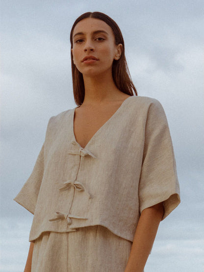 Native Oatmeal Tie-Front Linen Top
